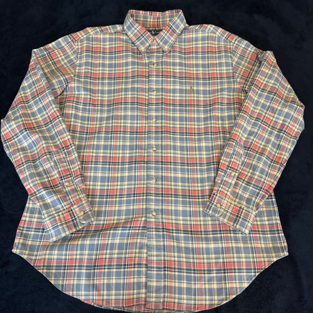 Ralph Lauren Classic Fit Mens XL Plaid Button Down Shirt Blue Red Yellow Cotton
